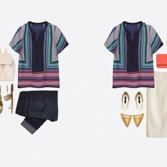 NWT Scarf Print Short-Sleeve Blouse by Fun 2 Fun navy pink teal satin Stitchfix - Picture 16 of 16